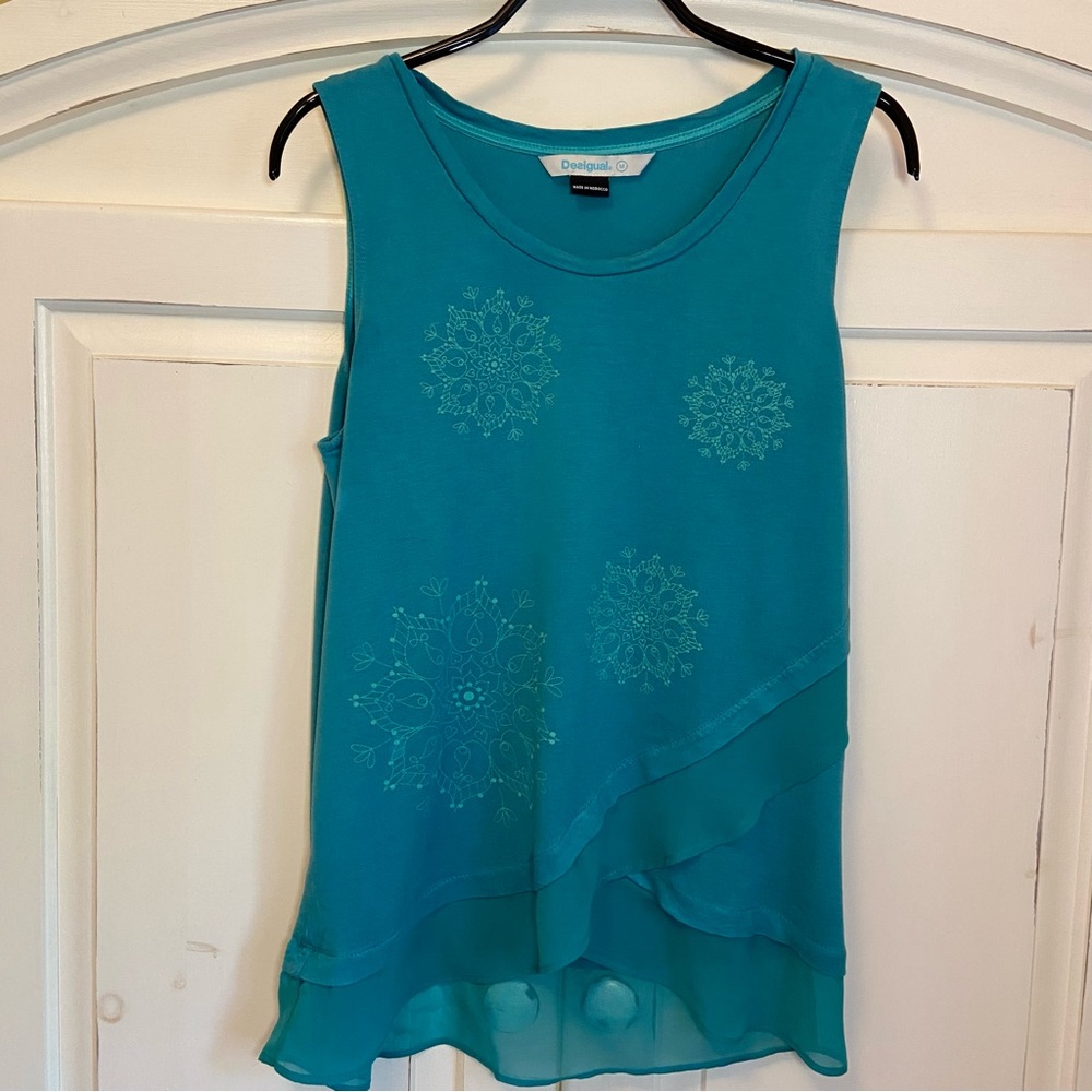 Desigual Sleeveless Top with Graphic Pattern in Teal